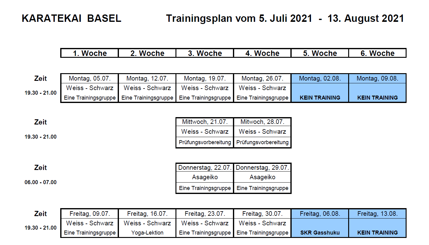Karatekai Basel - Sommertrainingsplan (mit Änderung)