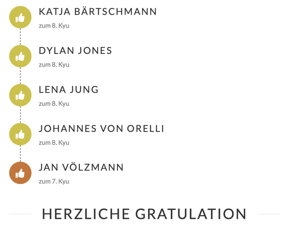 
KATJA BÄRTSCHMANN
zum 8. Kyu
DYLAN JONES
zum 8. Kyu
LENA JUNG
zum 8. Kyu
JOHANNES VON ORELLI
zum 8. Kyu
JAN VÖLZMANN
zum 7. Kyu