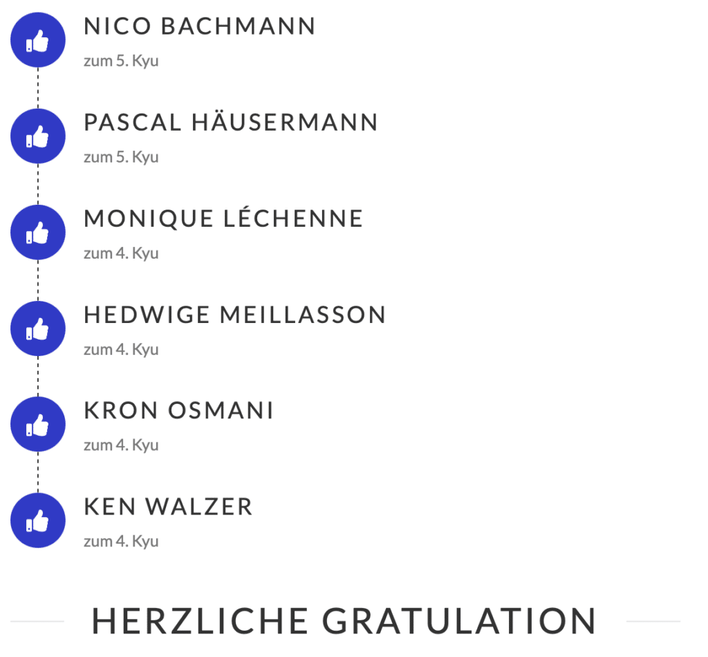 NICO BACHMANN
zum 5. Kyu
PASCAL HÄUSERMANN
zum 5. Kyu
MONIQUE LÉCHENNE
zum 4. Kyu
HEDWIGE MEILLASSON
zum 4. Kyu
KRON OSMANI
zum 4. Kyu
KEN WALZER
zum 4. Kyu